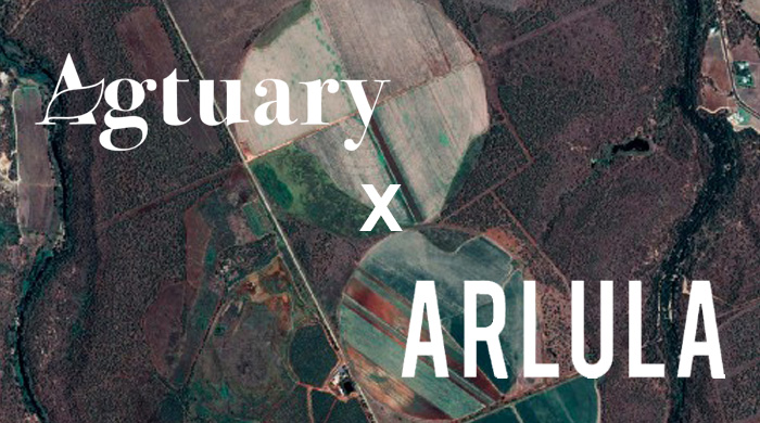 Agtuary and Arlula names over a satellite view of farmland