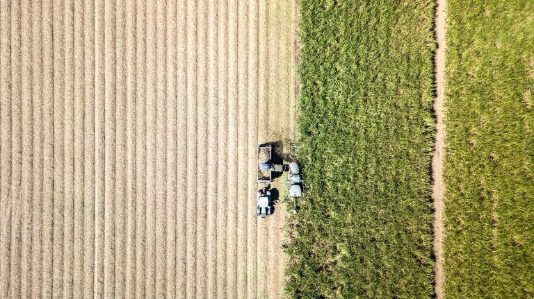 Aerial view of a harvester working across farmland